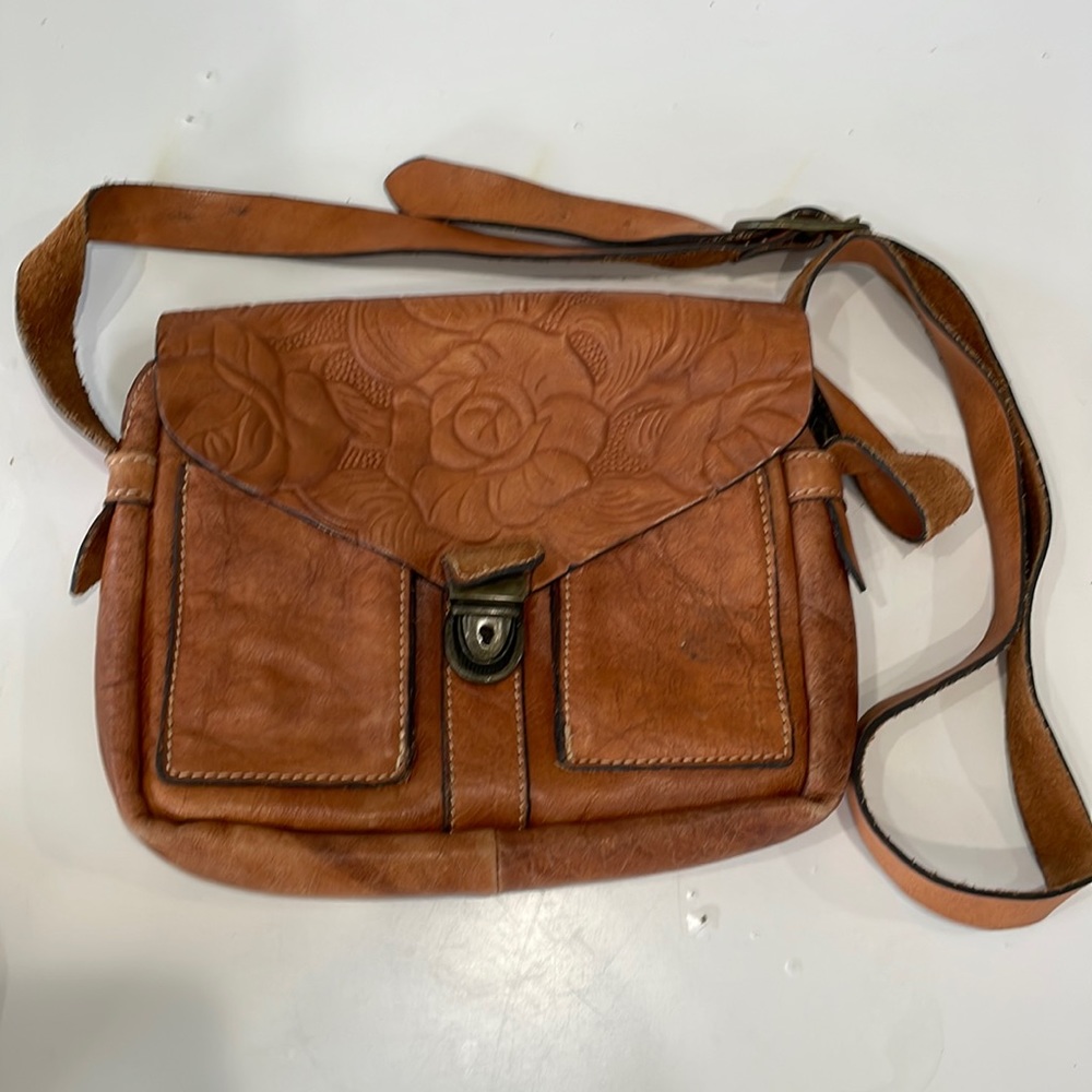 Brown leather Patricia Nash crossbody floral embossed bag